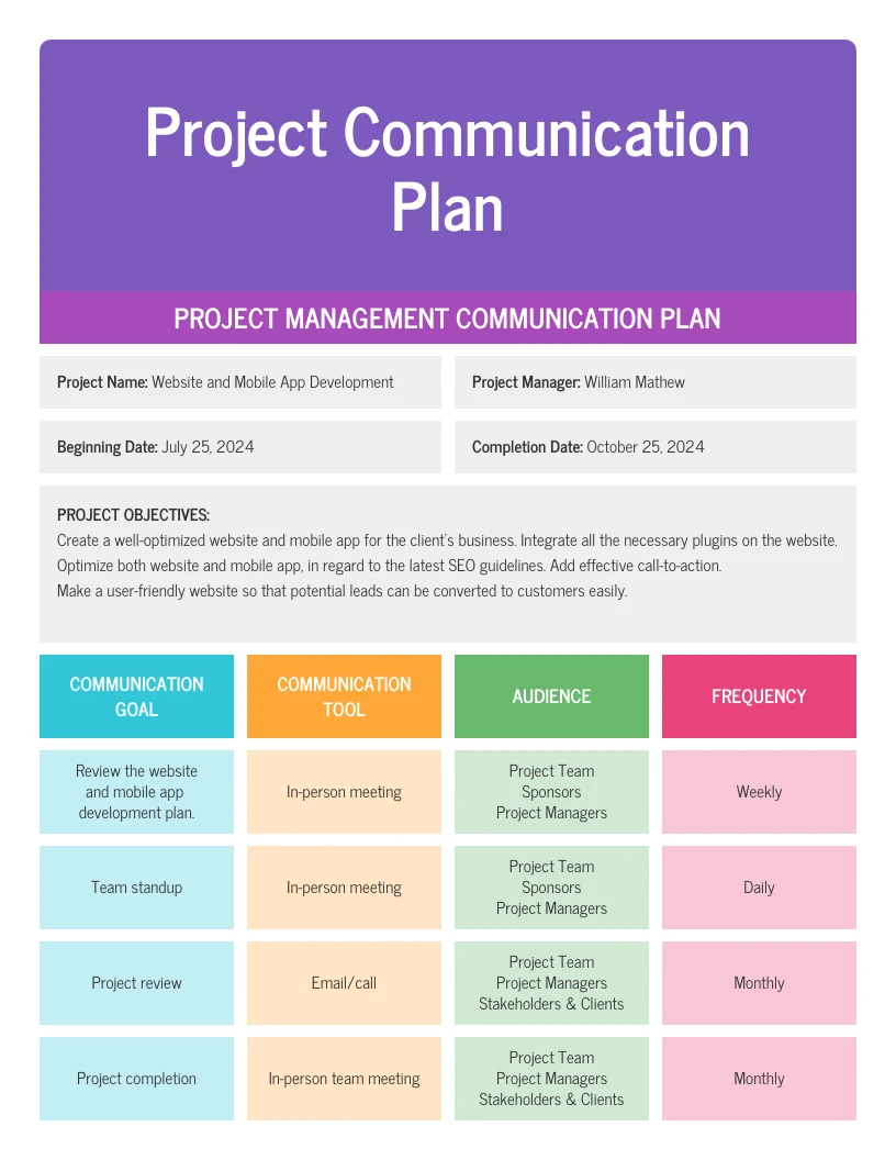 Project Management Communication Plan Template Venngage