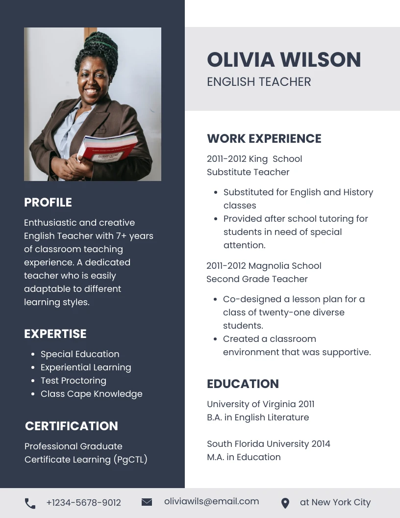 Navy White Modern English Teacher CV Resume Template - Venngage