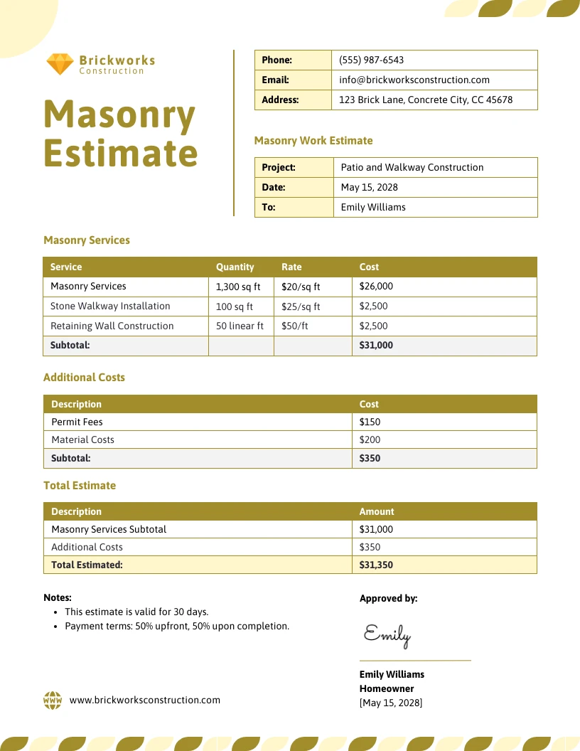 Masonry Estimate Template - Venngage