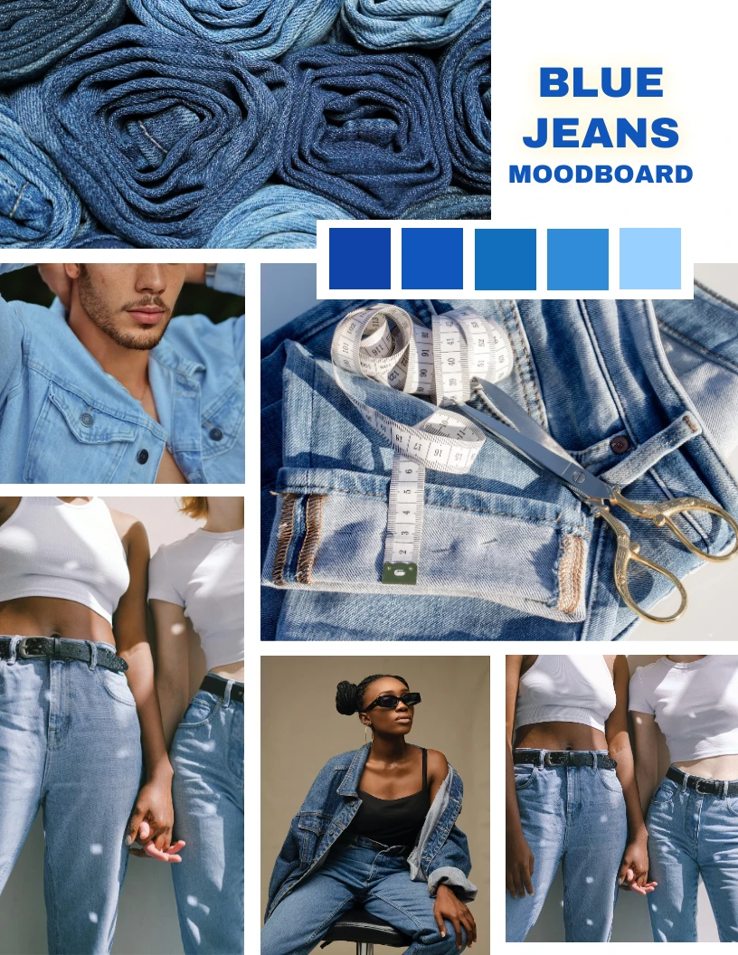 Moodboard de jeans minimalista branco e azul, colagens de fotos