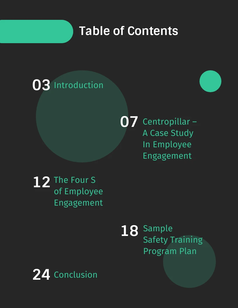 Dark Employee Engagement Handbook Table of Contents Template Venngage