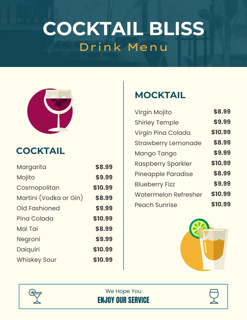 Simple Illustrative Cream And Green Cocktail Menu - Venngage