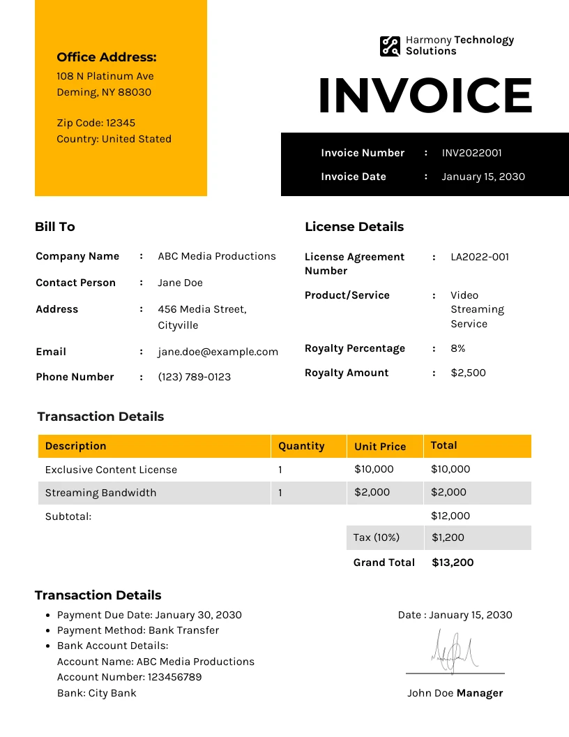 Licensing Royalty Invoice - Venngage