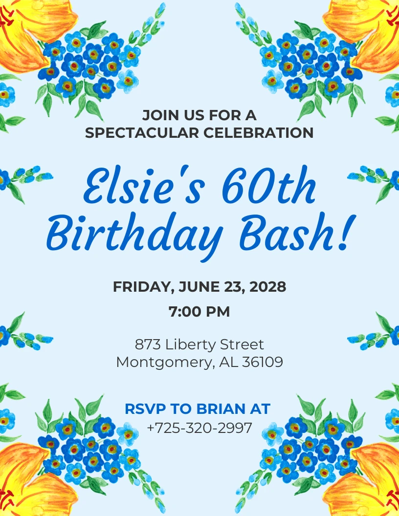 Baby Blue Aesthetic Floral 60th Birthday Party Invitation - Venngage