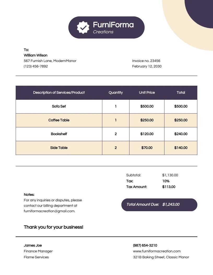 Purple Cream Furniture Business Invoice Template - Venngage
