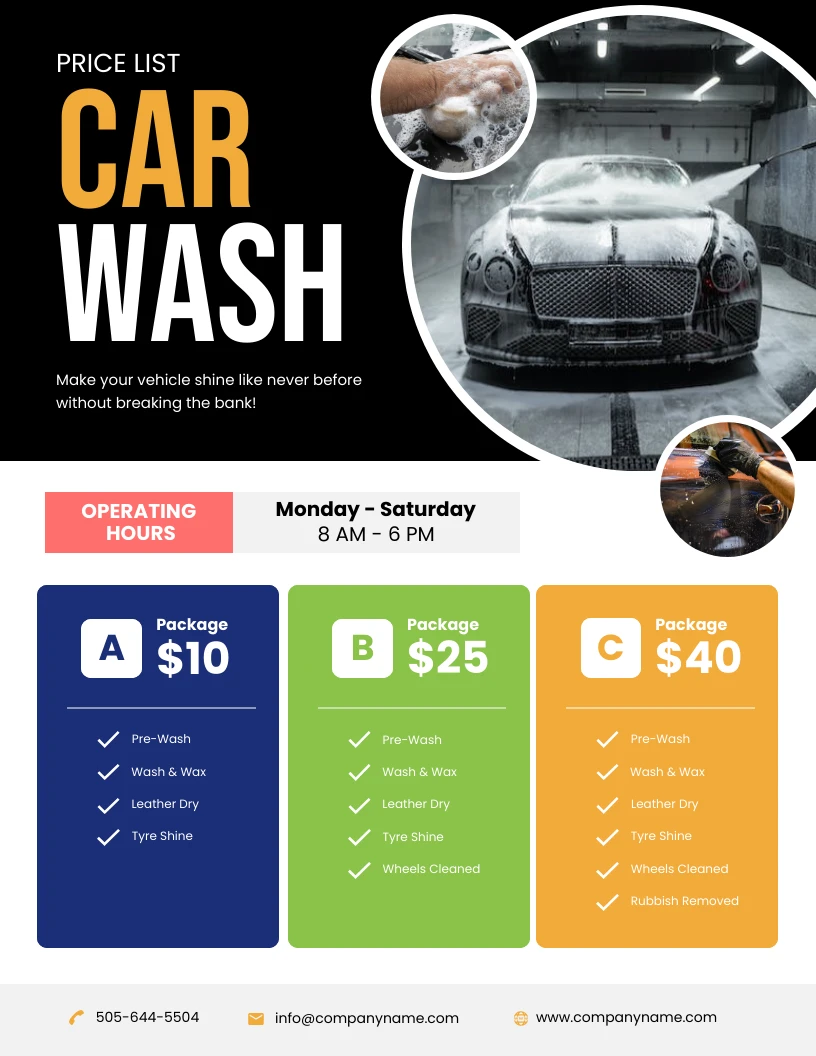 Black and Colorful Car Wash Pricelist Poster - Venngage