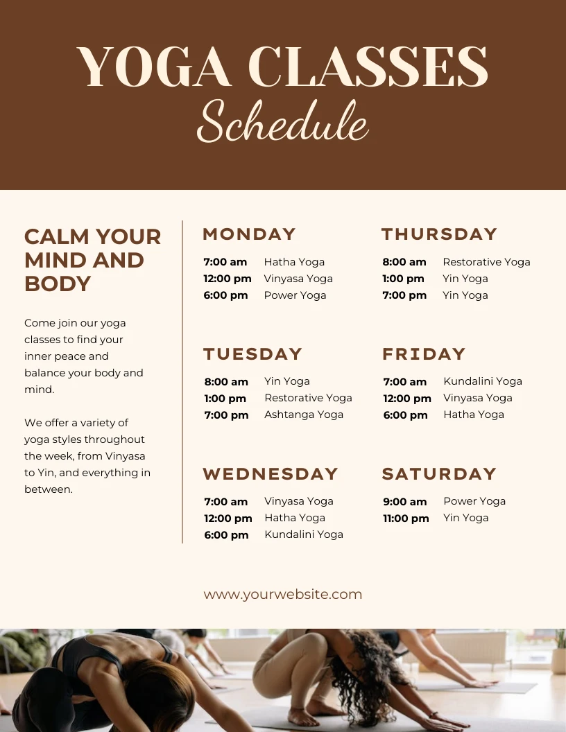 Brown and Cream Yoga Slasses Schedule Poster Template - Venngage