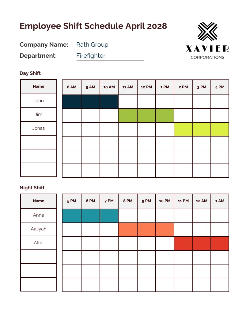 Simple Employee Firefighter Shift Schedule Monthly Template Venngage