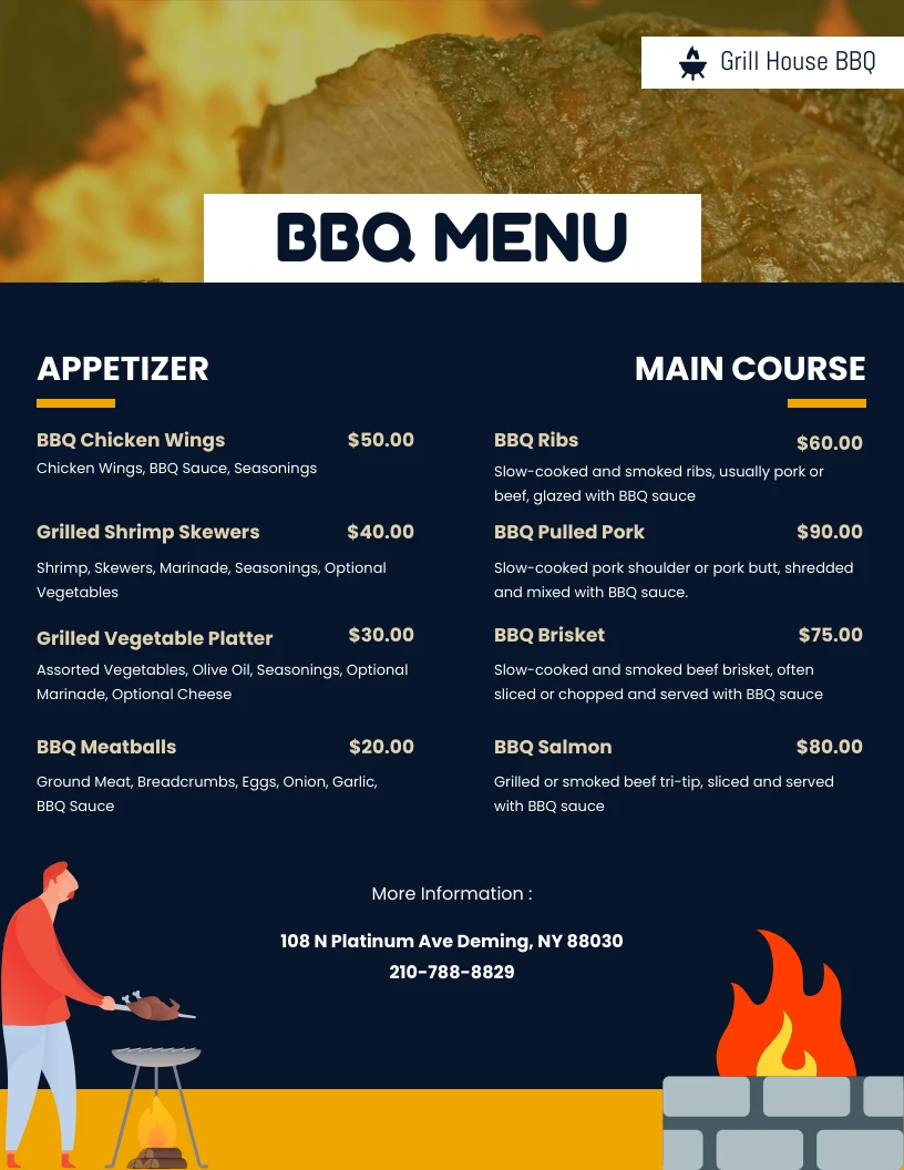 Dark blue and yellow simple modern bbq menu - Venngage