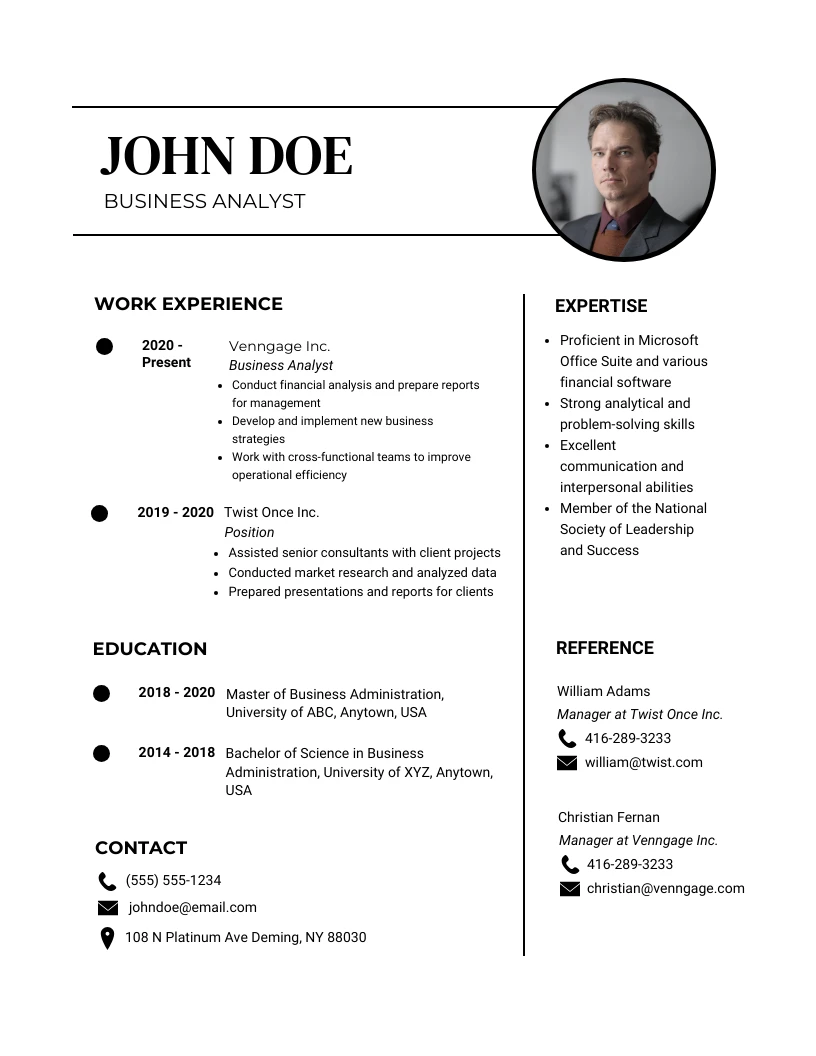 White And Black Clean Professional Business Resume - Venngage