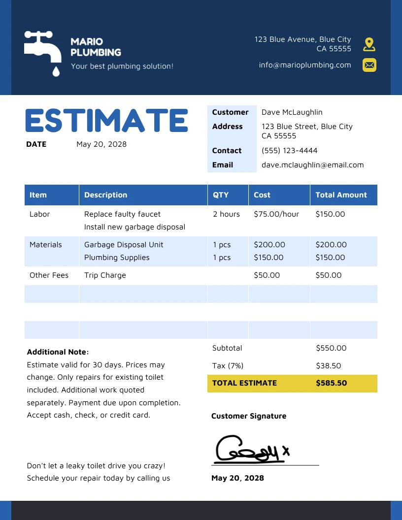 Plumbing Estimate Template - Venngage