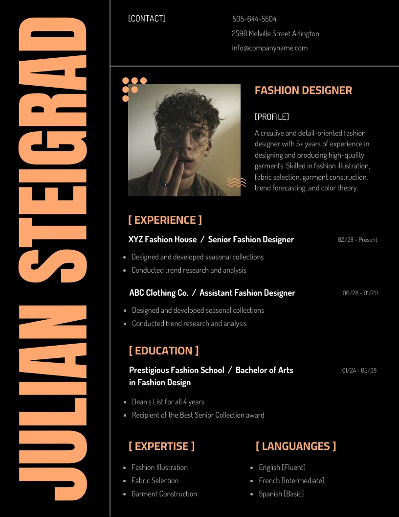 Orange Black Fashion Designer Resume Template Venngage
