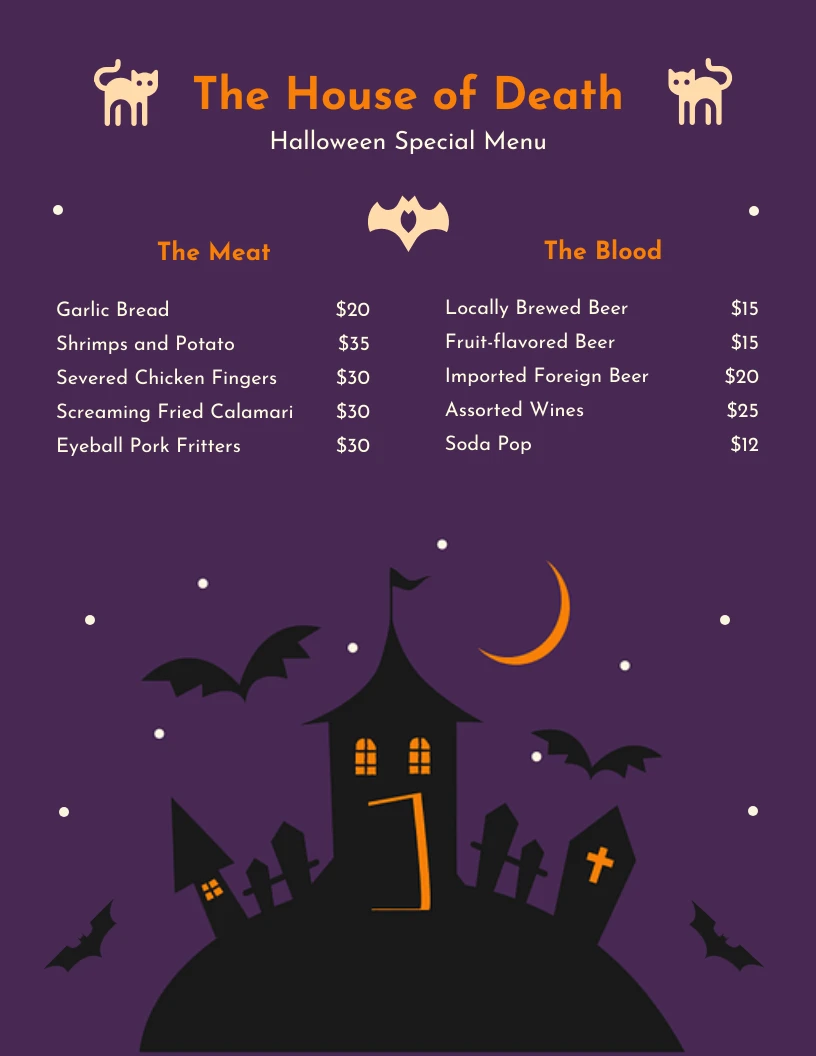 Dark Purple Minimalist Playful Illustration Halloween Menu - Venngage