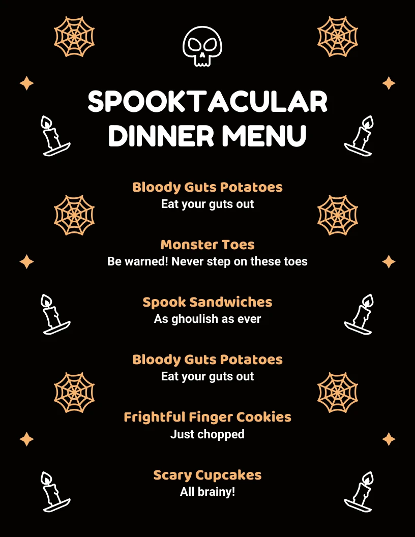 Black Modern Playful Illustration Halloween Dinner Menu Venngage