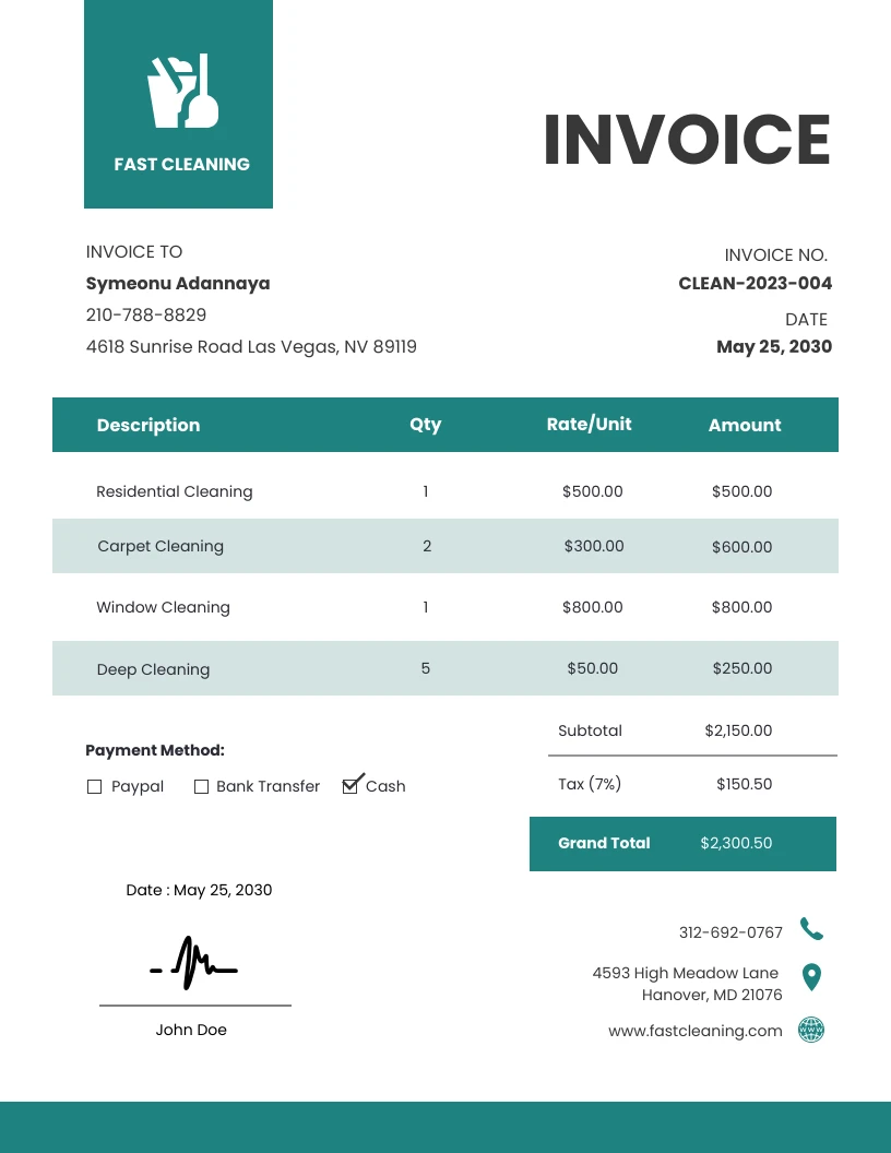 Teal White Cleaning Invoice Template - Venngage