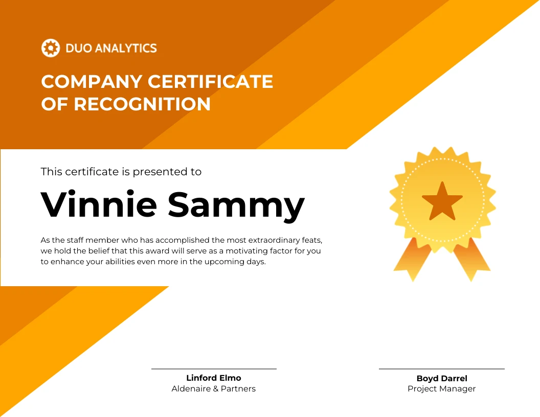 Orange Professional Company Certificate of Recognition Template Venngage