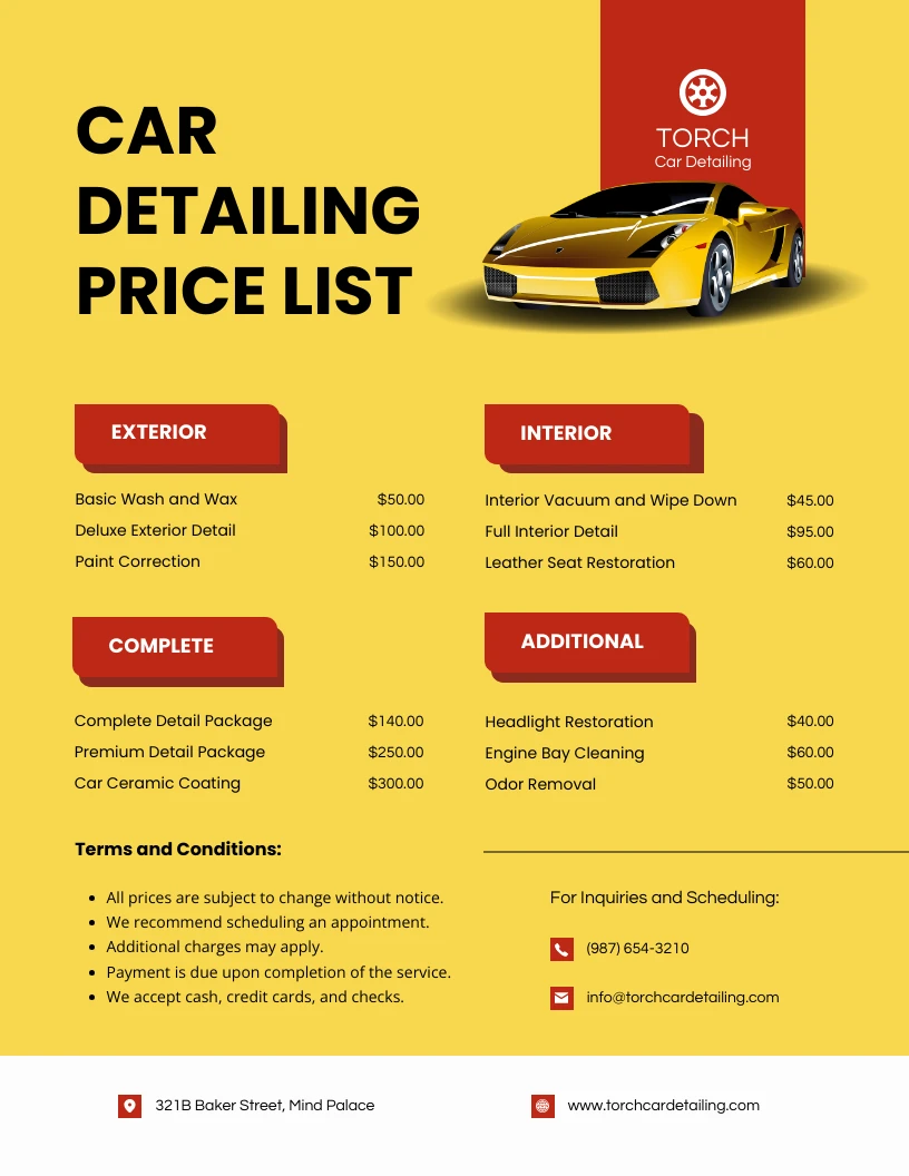 Simple Red And Yellow Car Detailing Price Lists Venngage