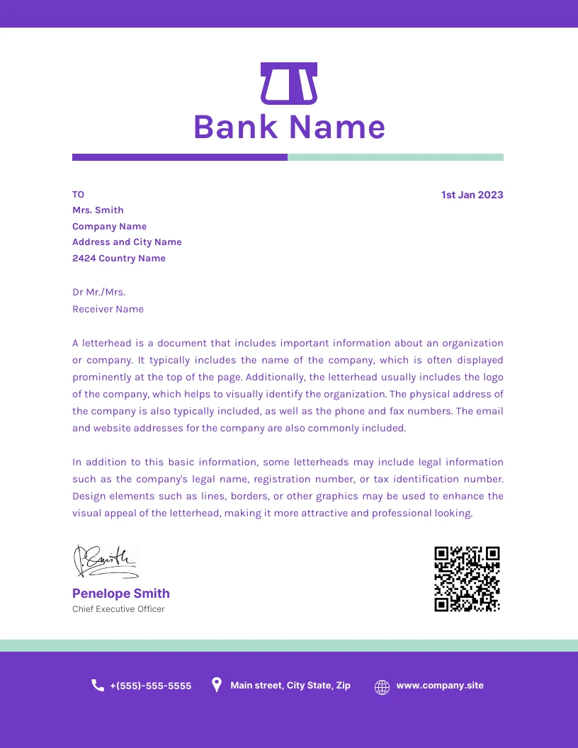 White And Purple Minimalist Bank Company Letterhead Template - Venngage