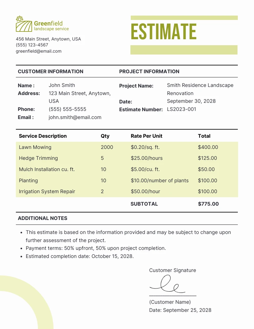 Green landscape estimate template venngage