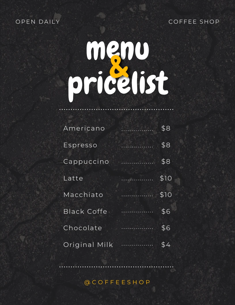 Black Simple Texture Price List Menu Venngage