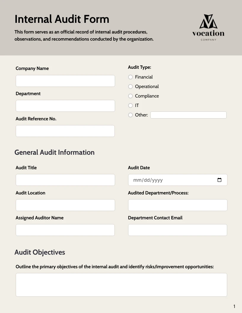 Internal Audit Form Template - Venngage