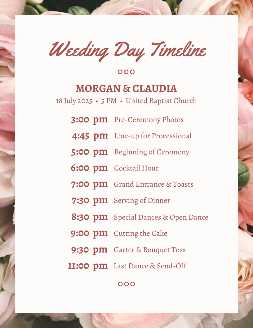 Pink Simple Floral Wedding Day Timeline Template - Venngage