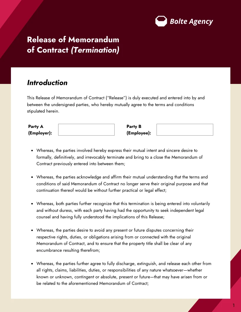 Release Of Memorandum of Contract Template - Venngage