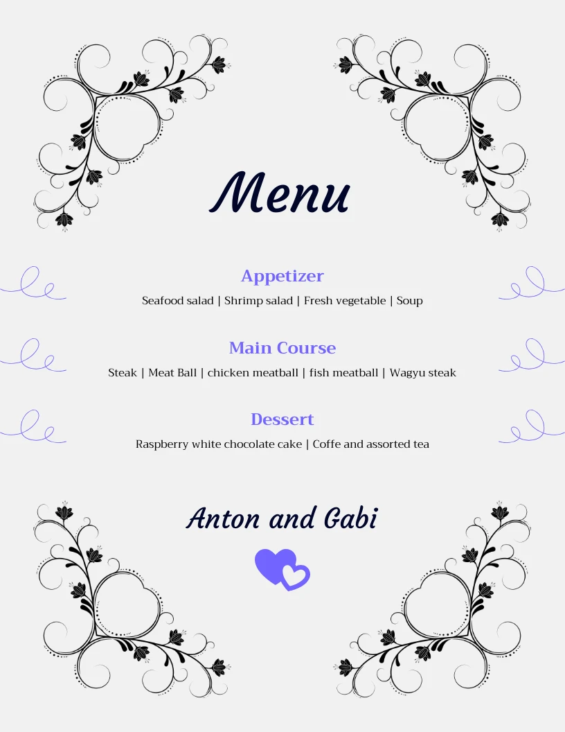 Gray Floral Wedding Menu - Venngage