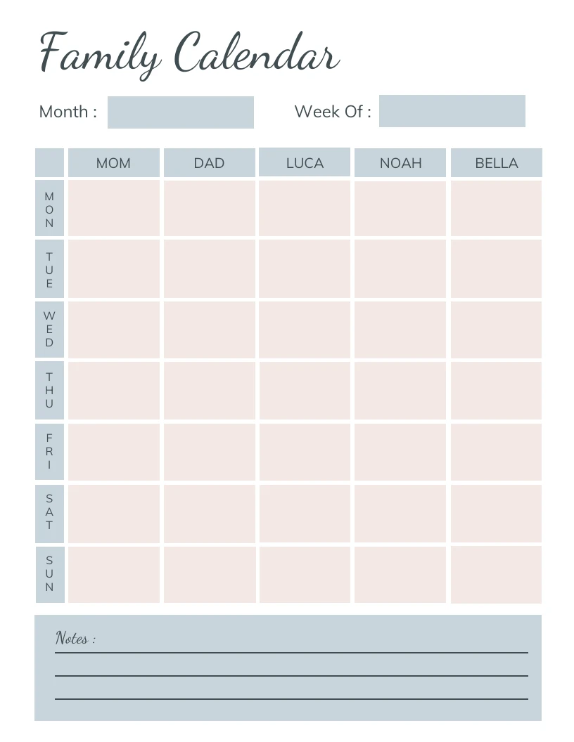 Blue Cream Family Calendar Template Venngage