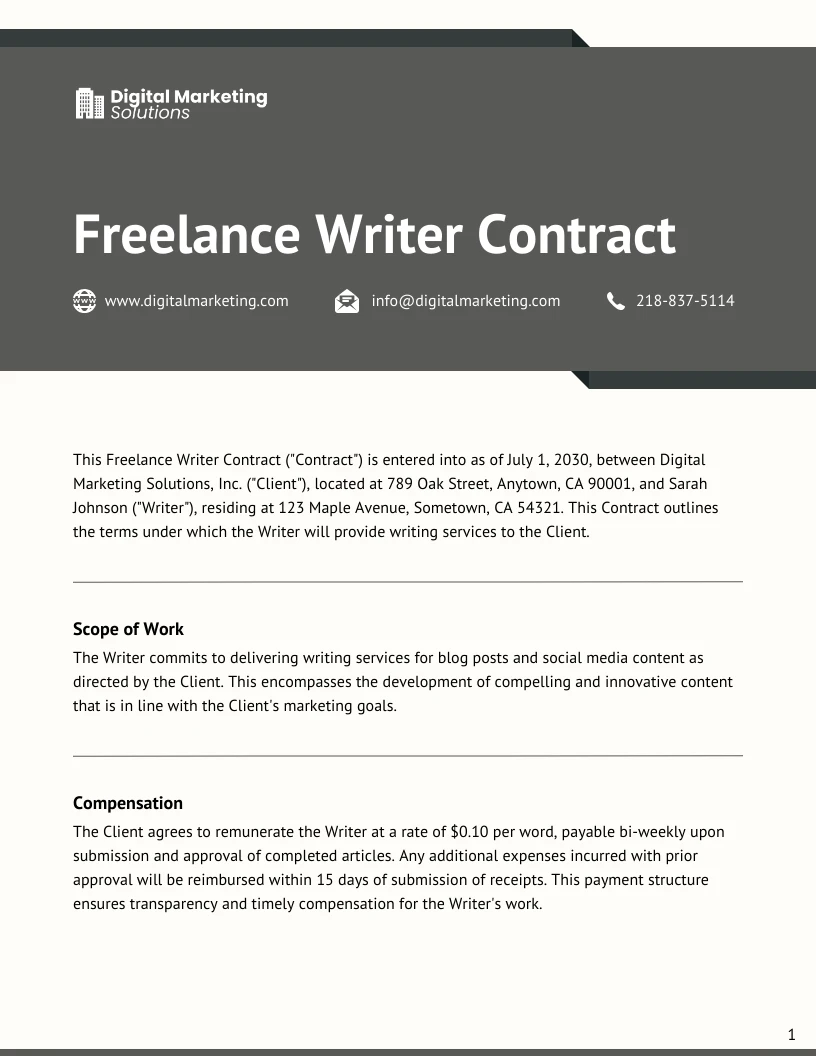 Modelo de contrato de escritor freelance - Venngage