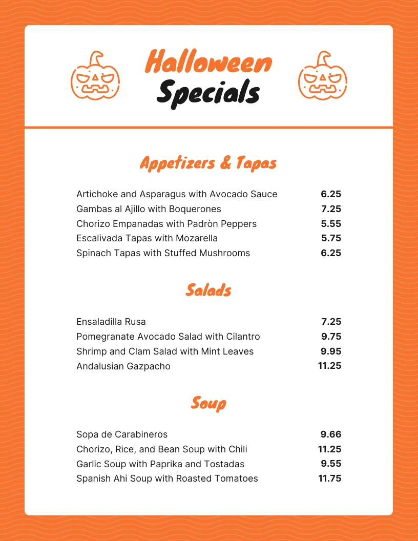 Orange And White Simple Halloween Menu - Venngage