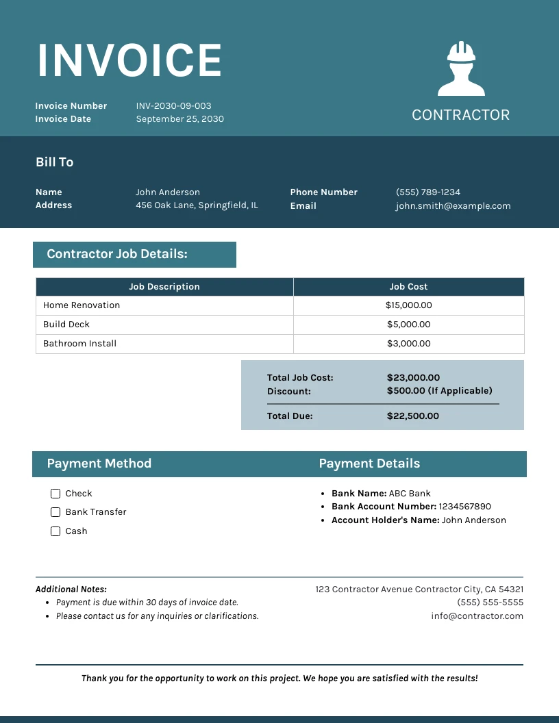 Minimalist Navy and Tosca Contractor Invoice - Venngage