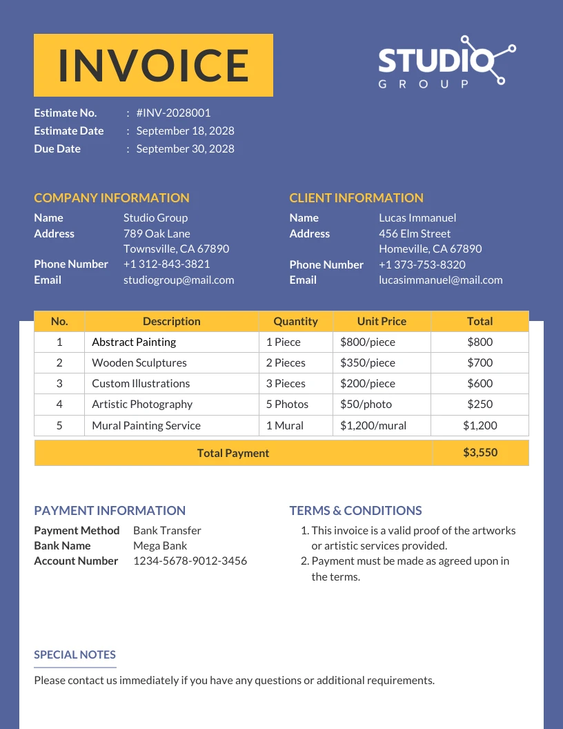 Simple Blue Yellow Artist Invoice Template - Venngage