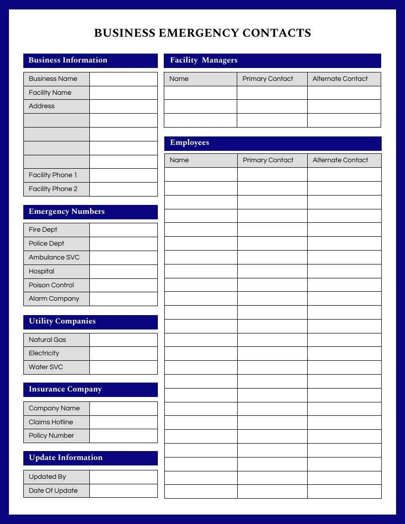 Ultramarine Business Emergency Contact Form Template - Venngage