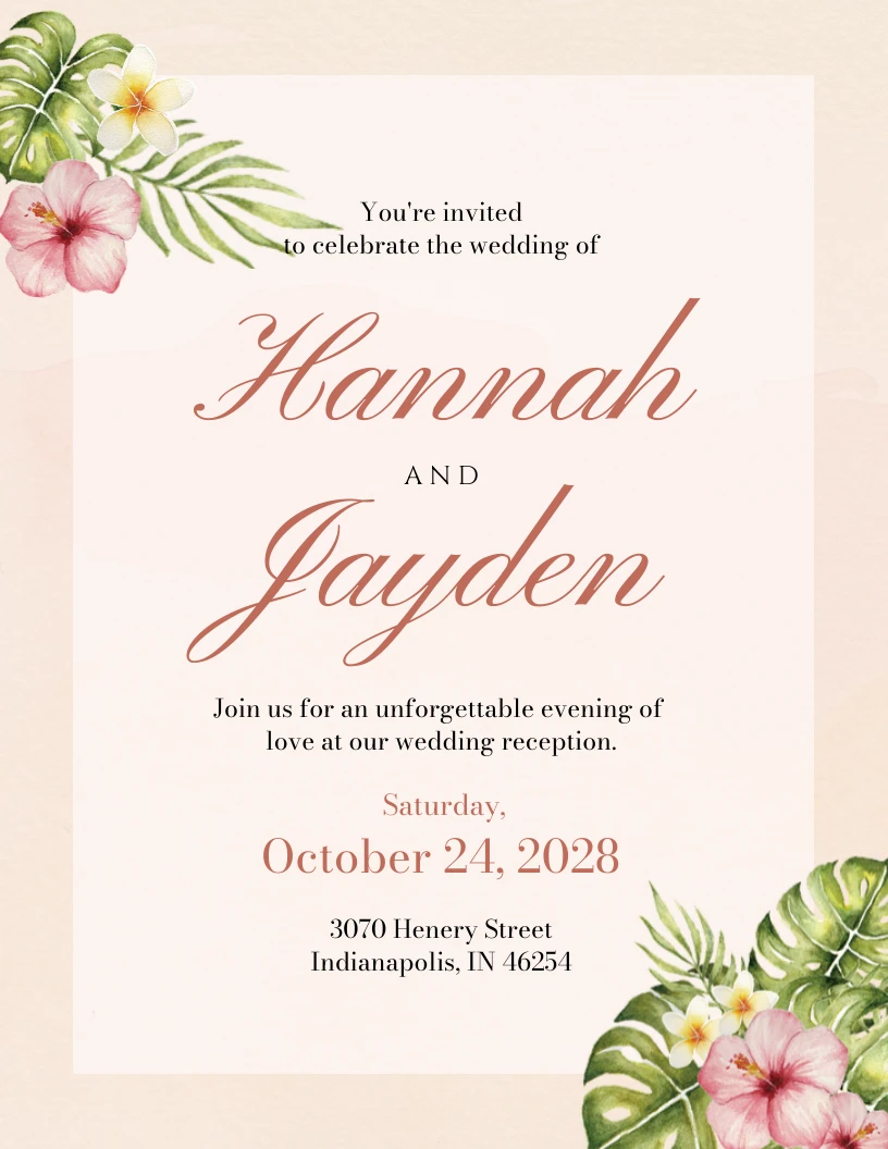Peach Watercolor Floral Wedding Reception Invitation Card - Venngage