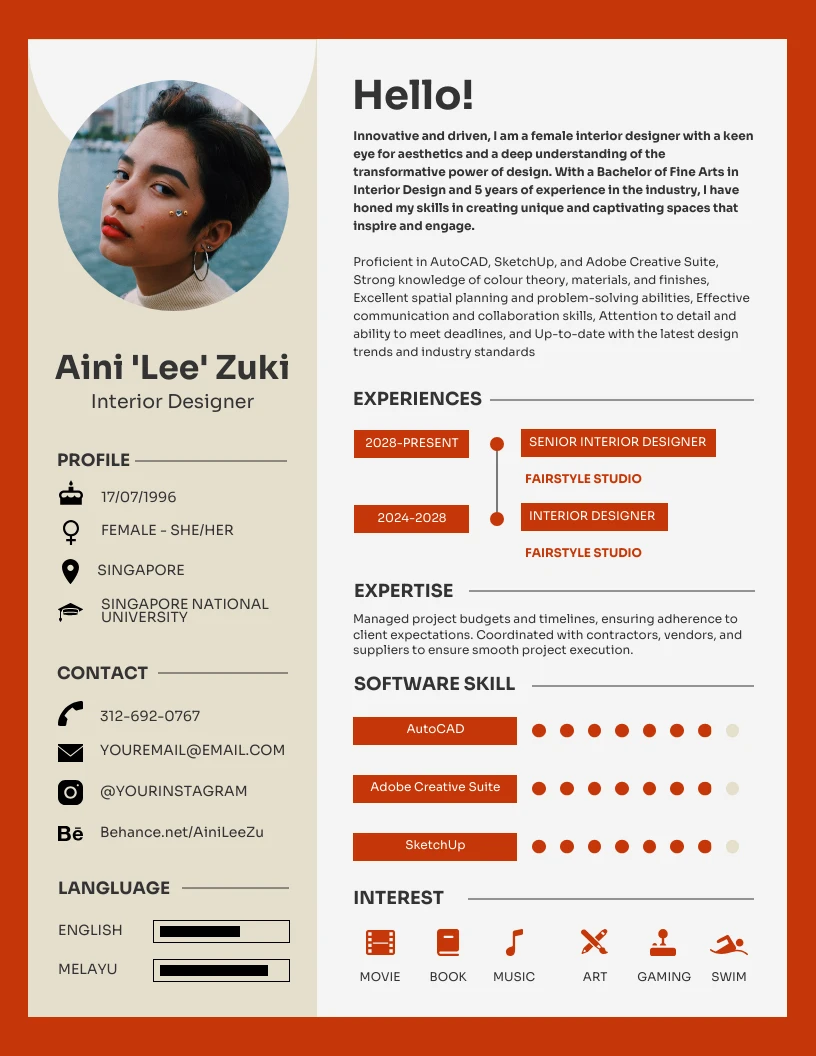 Red Cream Interior Designer Resume Template - Venngage