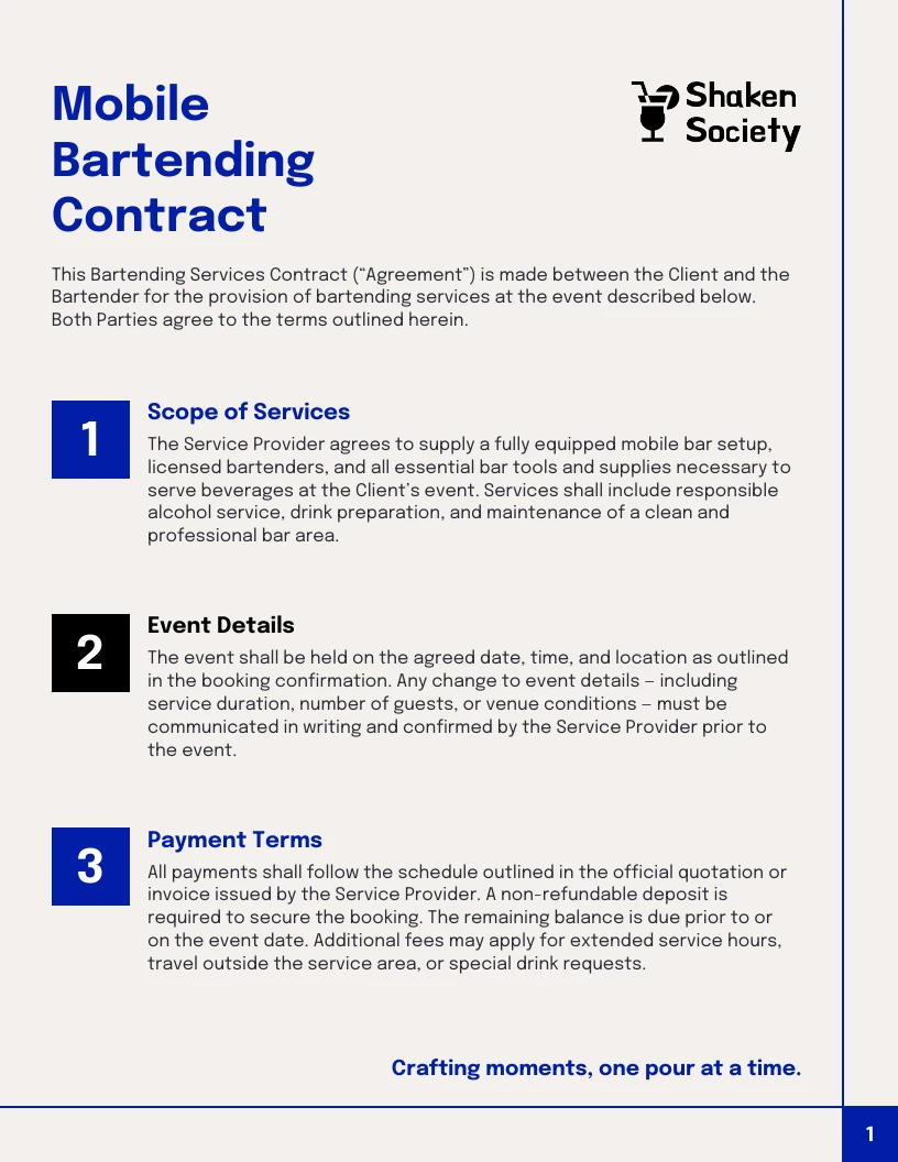 Mobile Bartending Contract Template - Venngage