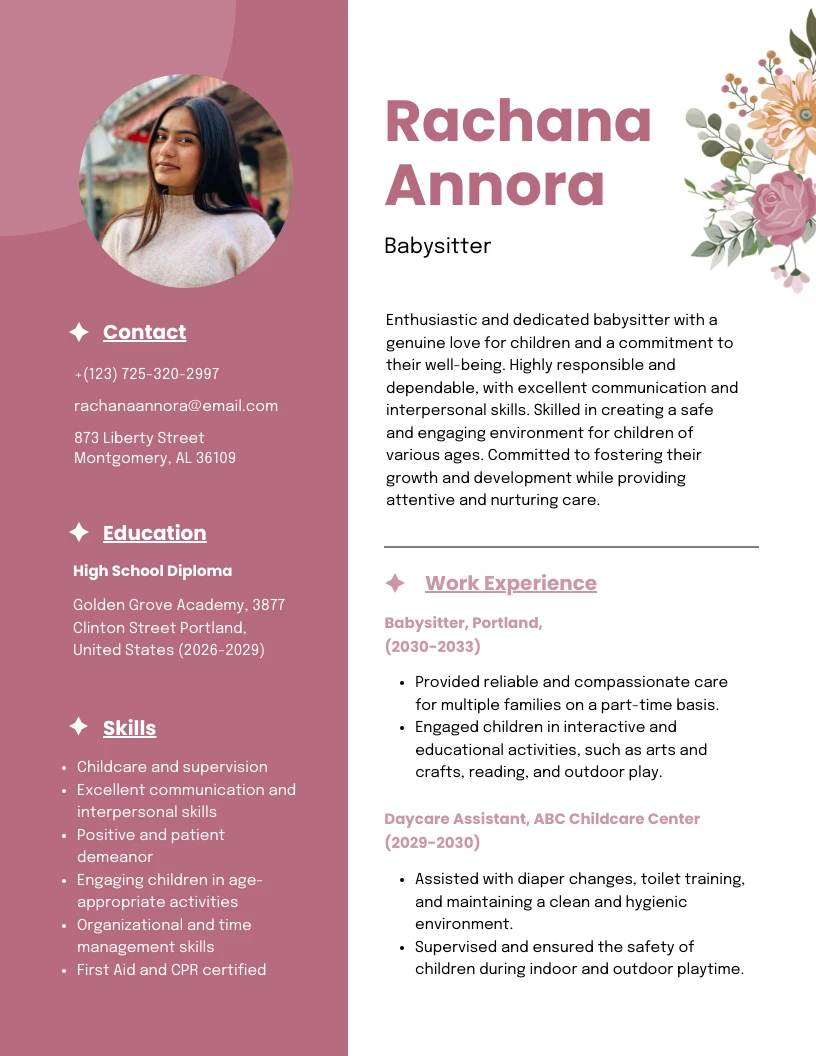 Pink White Floral Babysitter Resume Template - Venngage