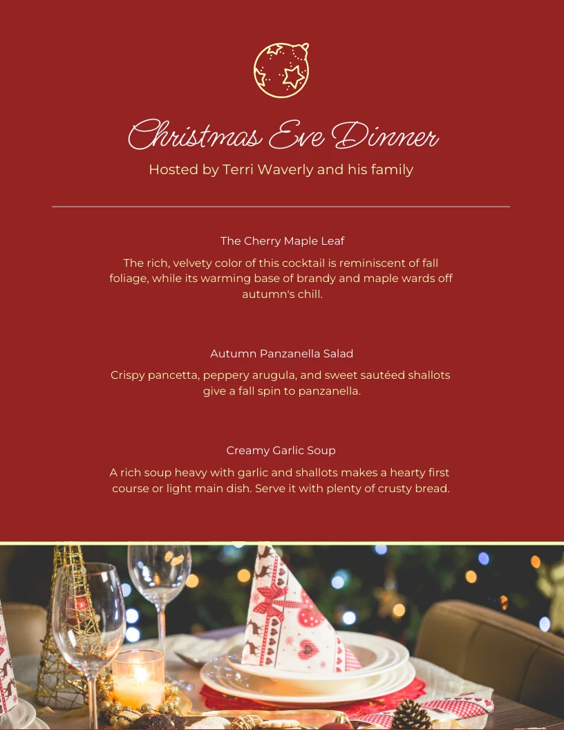 Red Minimalist Christmas Event Dinner Party Menu - Venngage