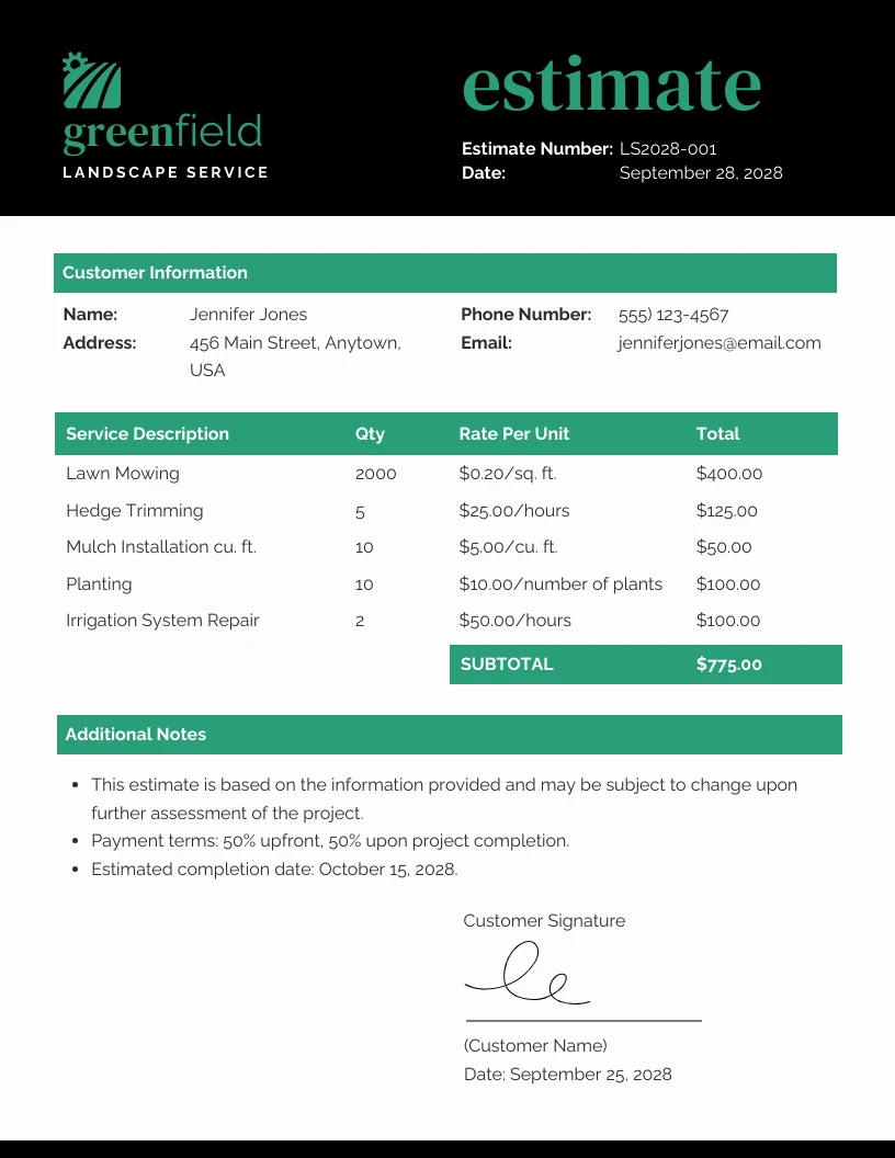 Landscape Service Estimate Template - Venngage