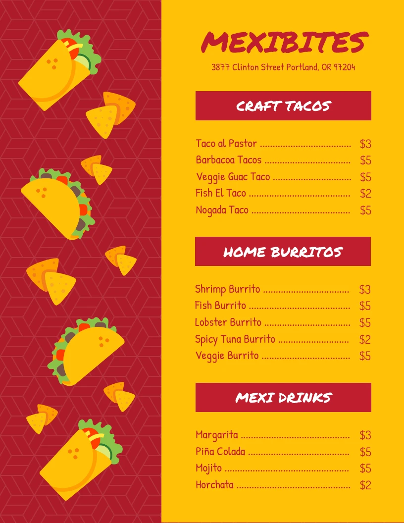 Red And Yellow Modern Illustration Mexican Menu - Venngage