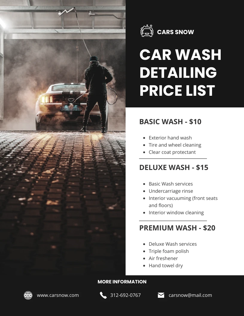 Black Car Wash Detailing Price List Template Venngage