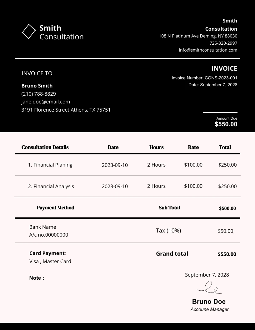 Black Peach Financial Consultant Invoice Template - Venngage