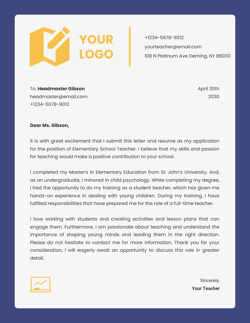 Blue And Yellow Minimalist Business Professional Teacher Letterhead ...