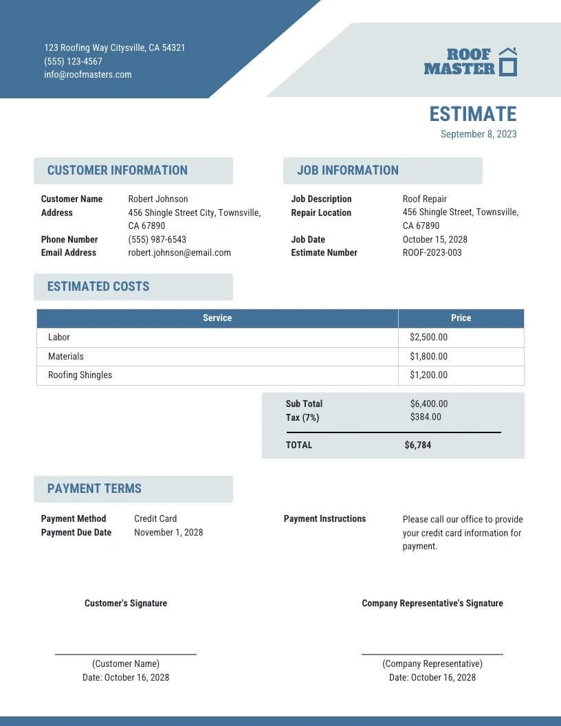 Simple Blue Roof Estimate Template - Venngage