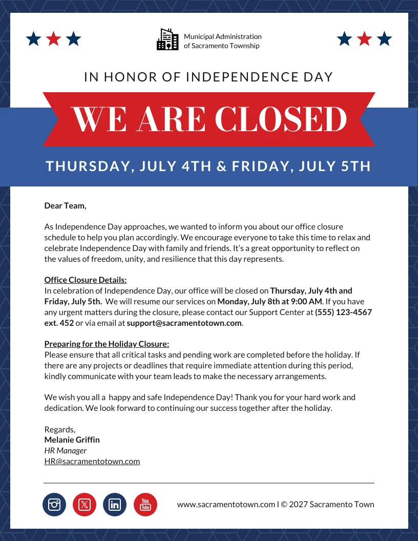 independence day closure notice email newsletter template - venngage