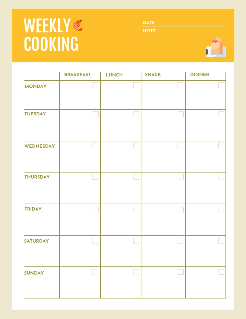 Yellow Beige Weekly Cooking Schedule List Template - Venngage