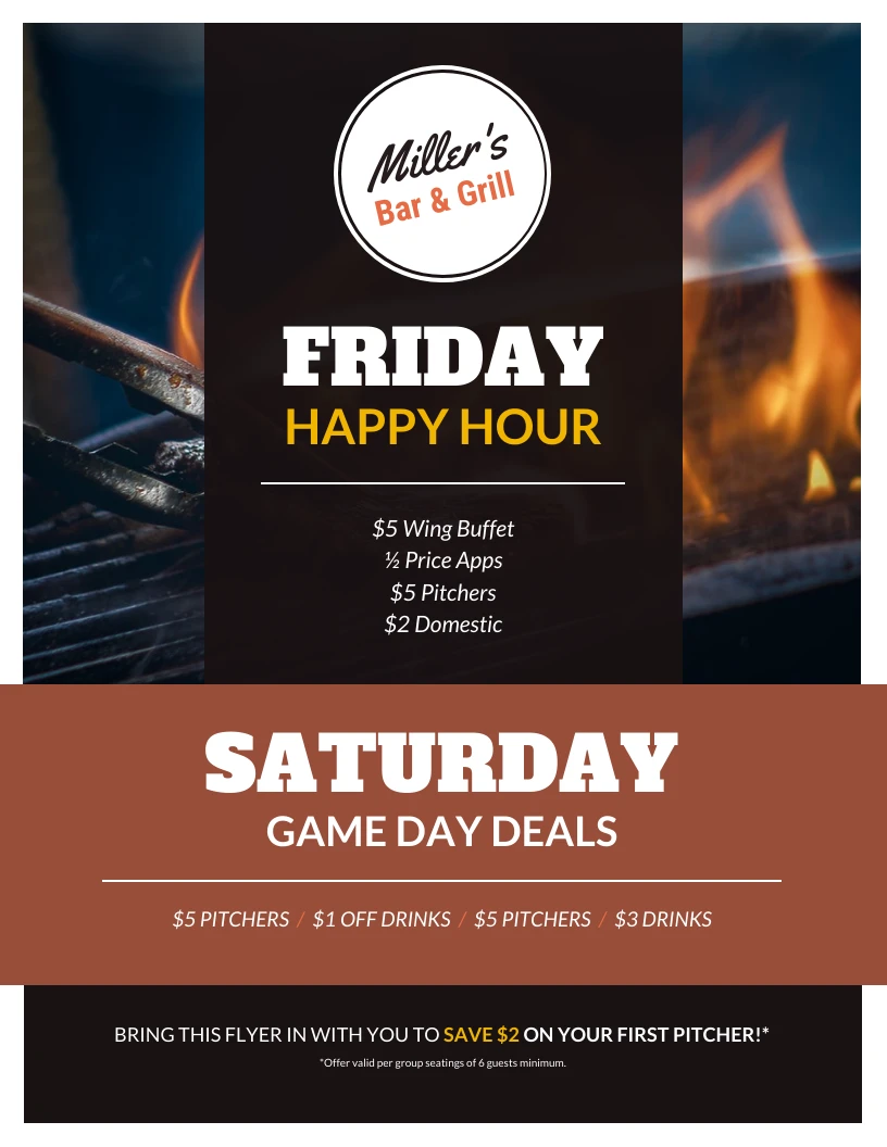 Bar and Grill Happy Hour Promotional Flyer Template Venngage
