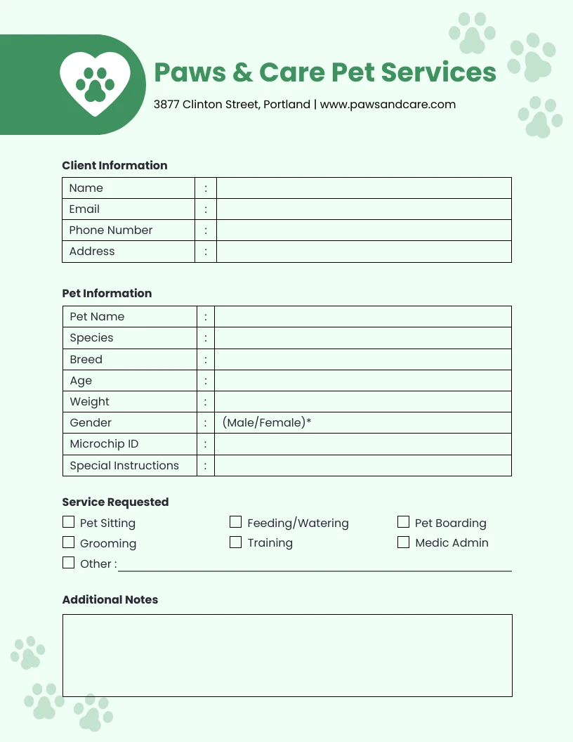 Hint of Green Pawn Care Pet Service Form Template - Venngage