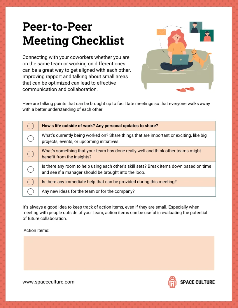 Peer-to-peer Meeting Workplace Checklist - Venngage